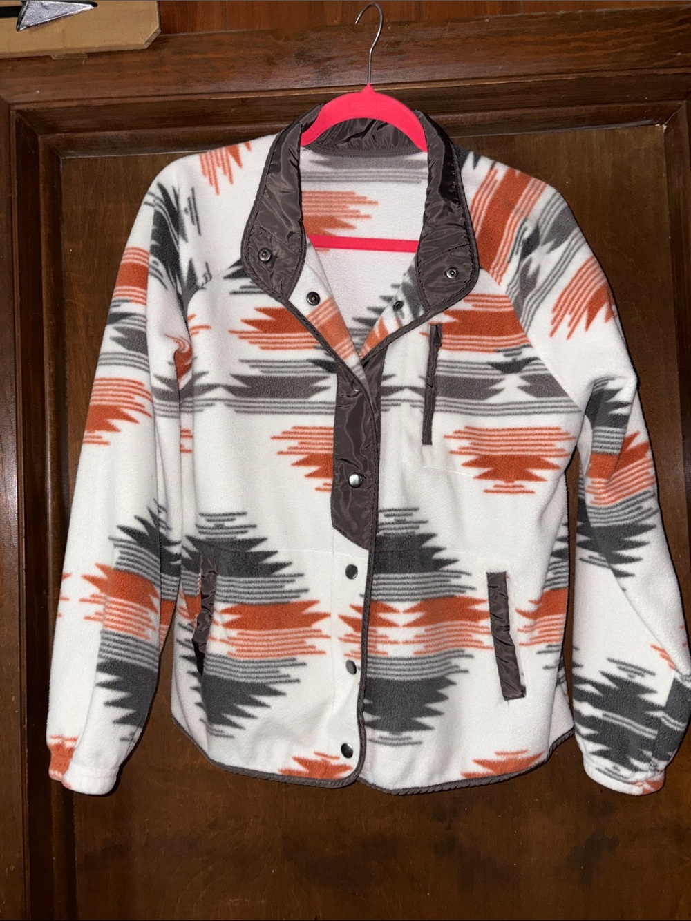 Source Unknown White Fleece Jacket with Rust & Gray Aztec Print